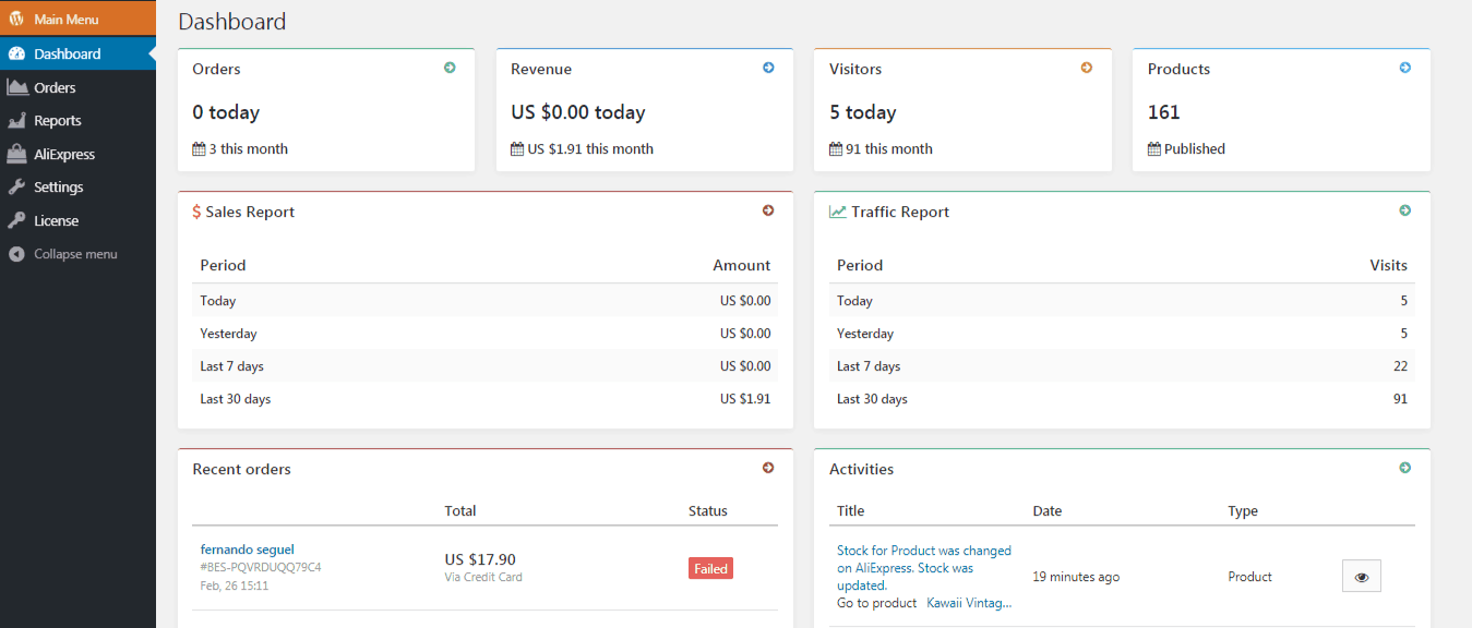 alidropship plugin dashboard update