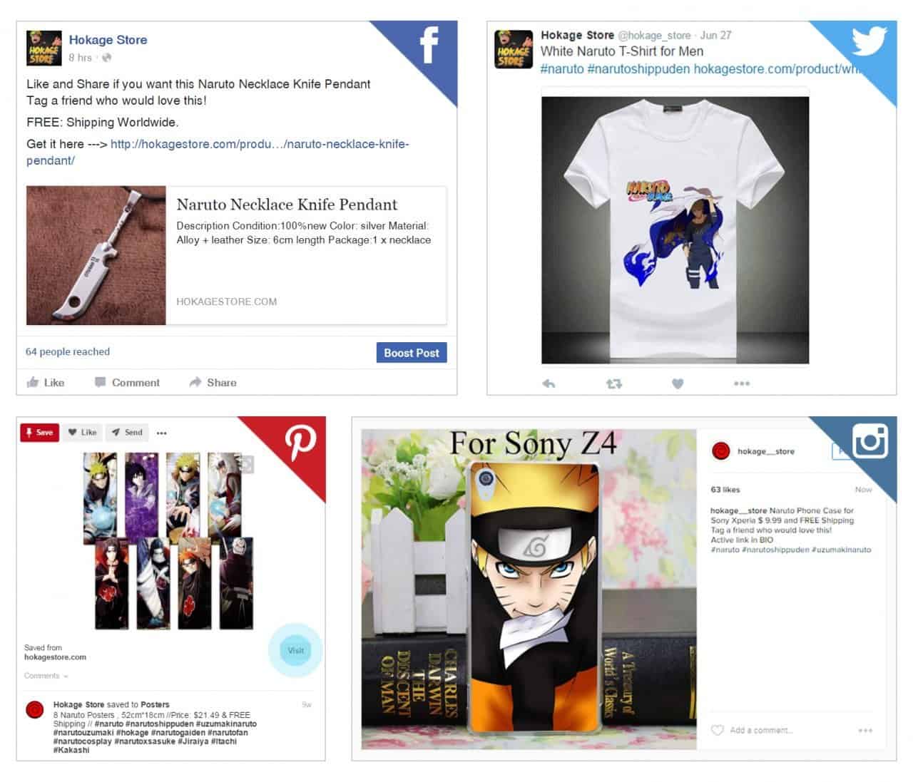 How to Promote a Dropshipping Store on Social Media Screenshots of semi-automated posts published on Facebook, Twitter, Pinterest, and Instagram