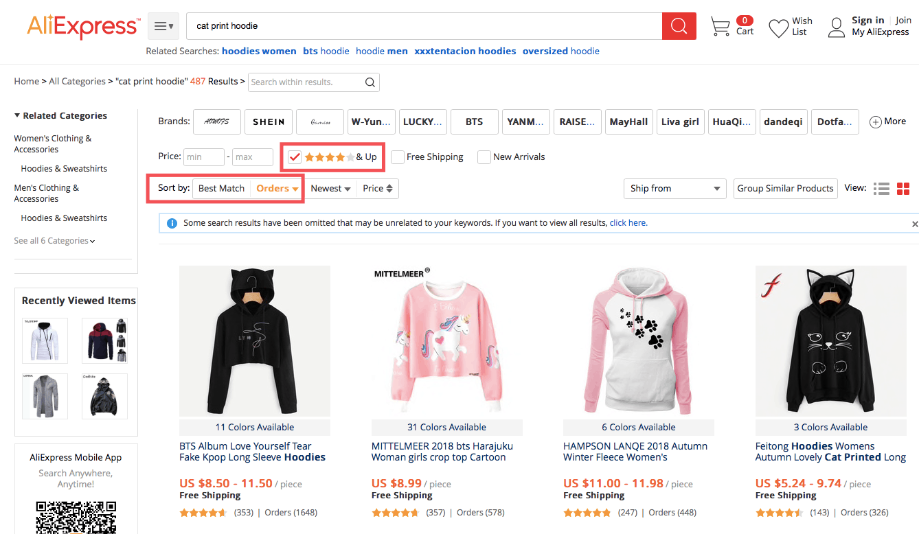 Searching for AliExpress products with filters to find reliable dropshipping suppliers