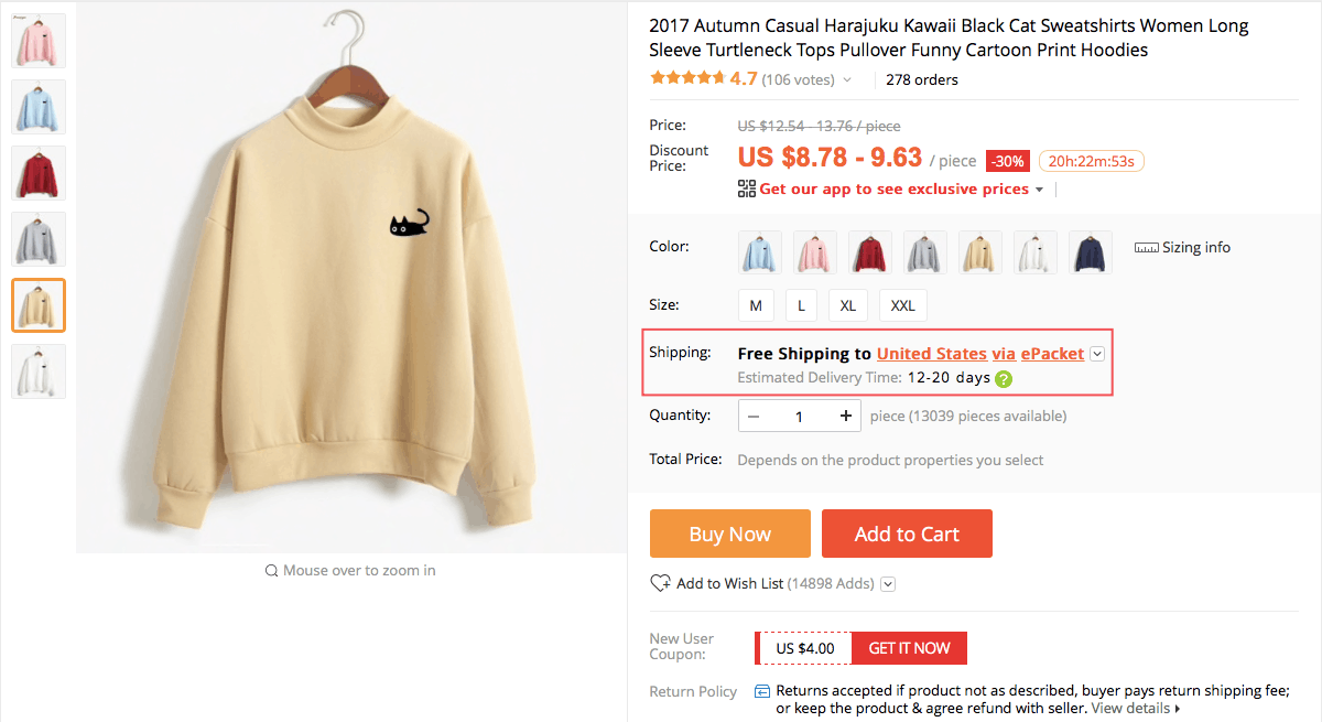 Shipping options on an AliExpress product page