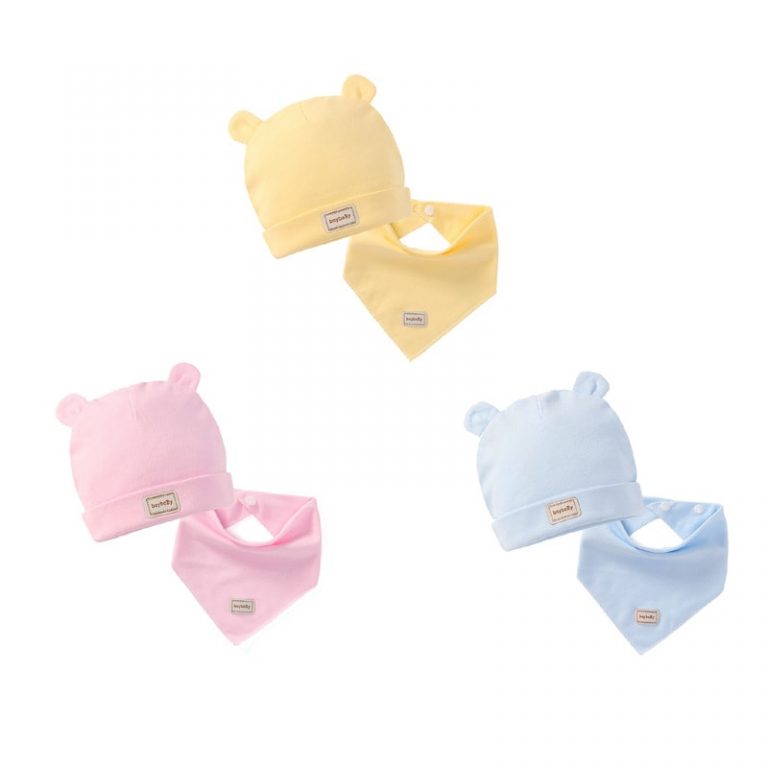 Yellow, pink and blue baby hat & bib sets to dropship in your online store
