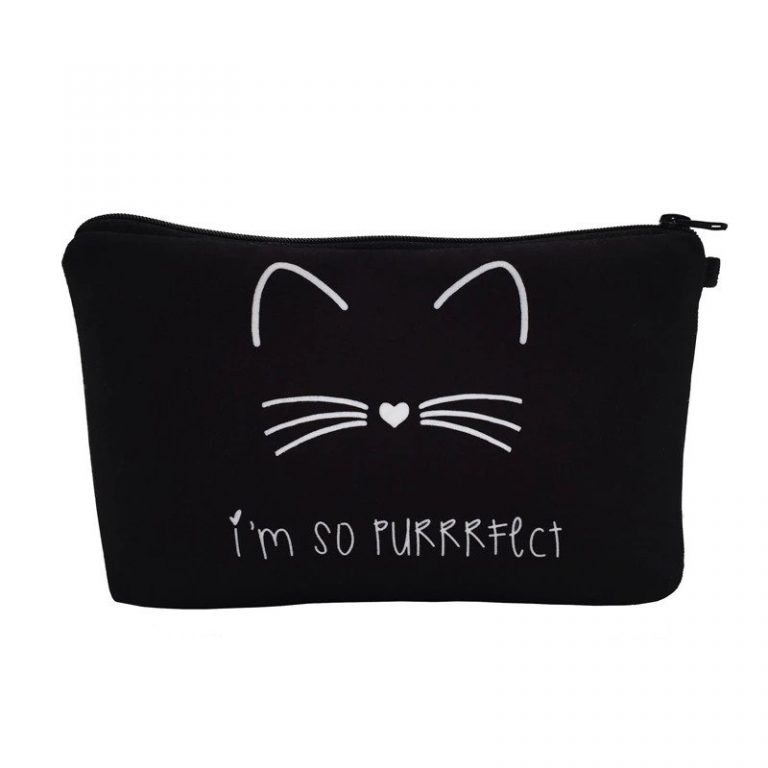 Cute black make-up bag with an inscription saying “I’m so purrrfect”