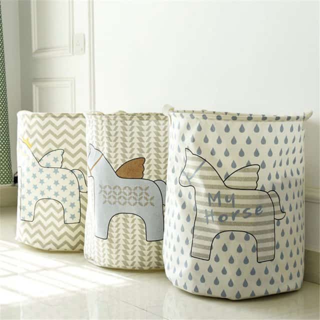 Three eco-style laundry baskets with the images of cute Pegasus