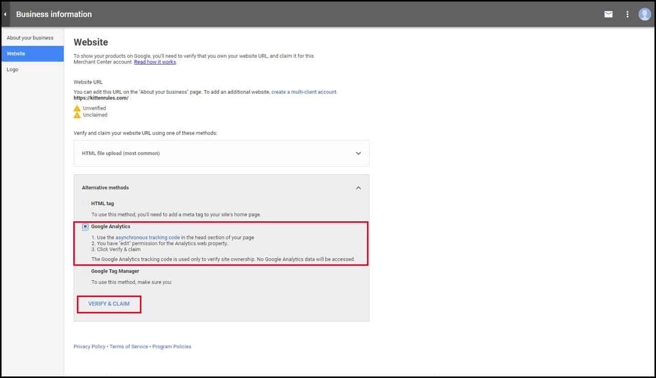 Verify website in Google Merchant
