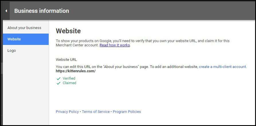 website verified and claimed by Google Merchant Center
