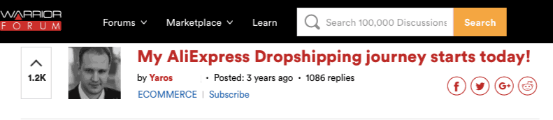 Yaroslav's post on starting his dropshipping journey on Warrior Forum
