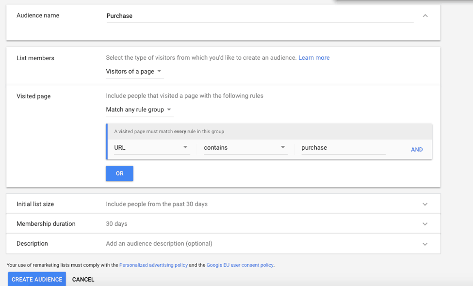 audience gor Google Ads remarketing based on website visitors