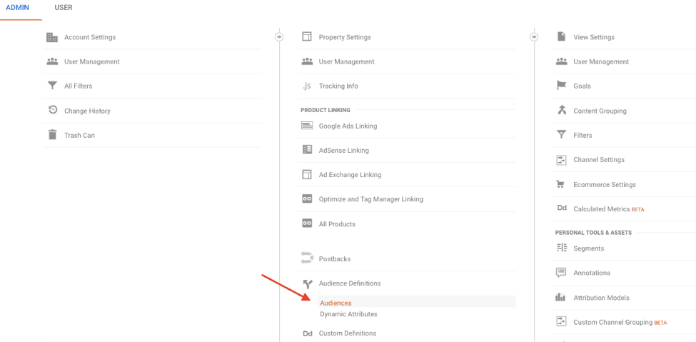admin panel in Google Analytics > Audiences