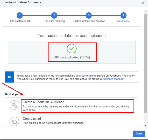 Create FB lookalike audience