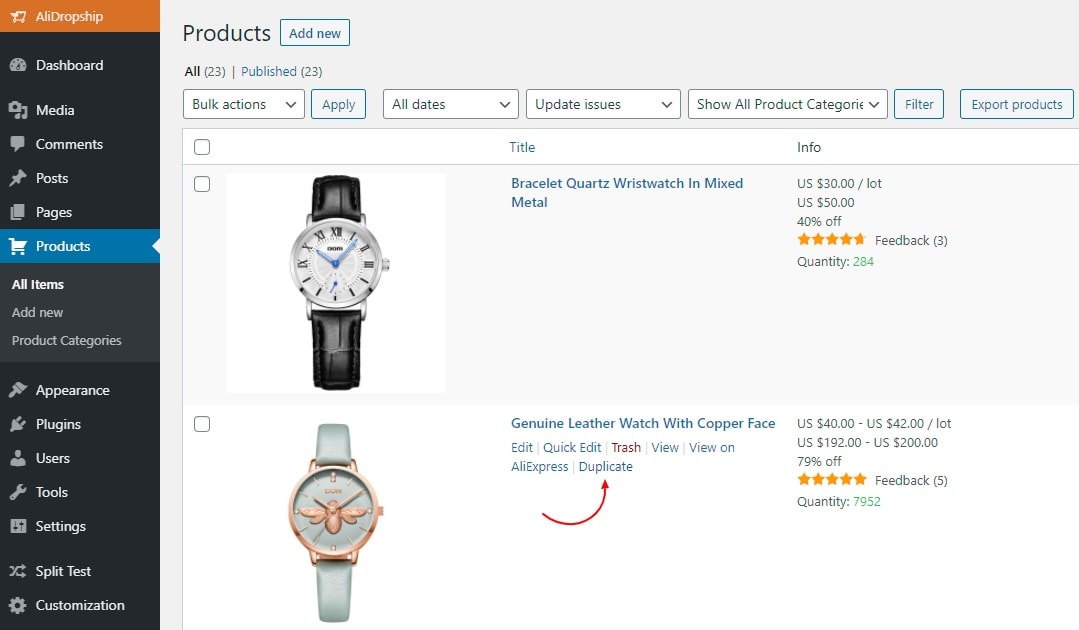 Creating duplicate products for split testing