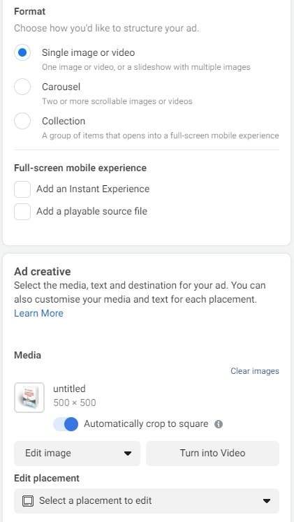 Choosing an ad format on Facebook and customizing your ad creative