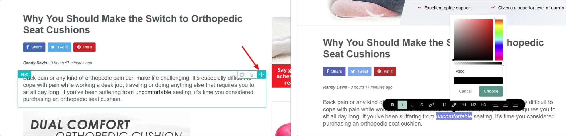 Customizable content elements on a landing page