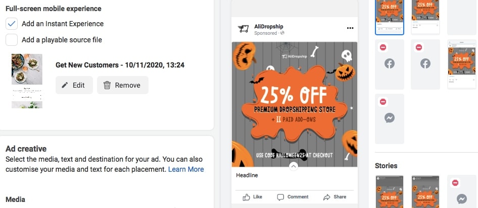 Some Facebook ad types can be created by modifying other ad types. This is an example of creating an Instant Experience.