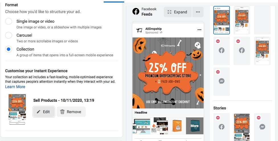 Screenshot of Facebook Ads Manager where the user creates a collection ad