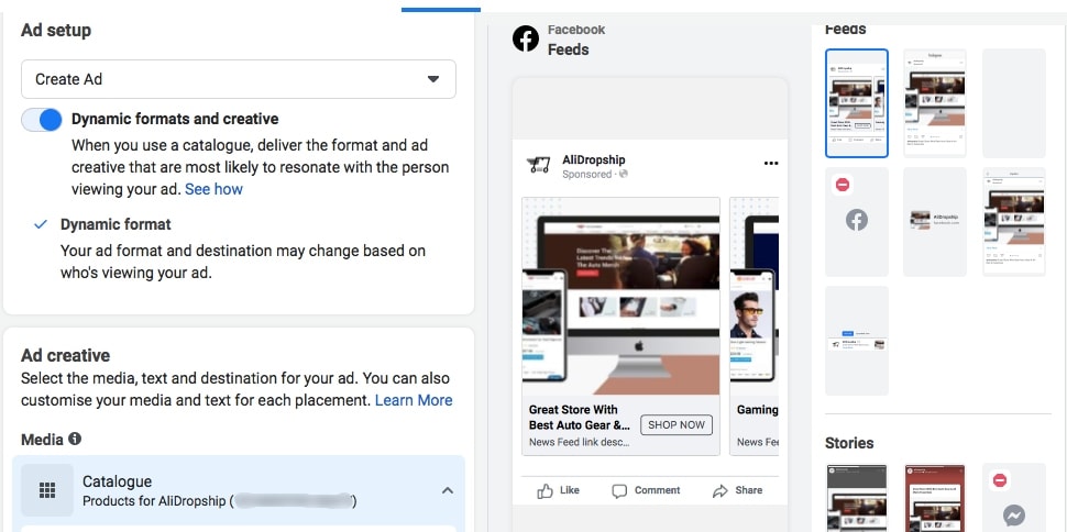 A dynamic ad being created in Facebook Ads Manager