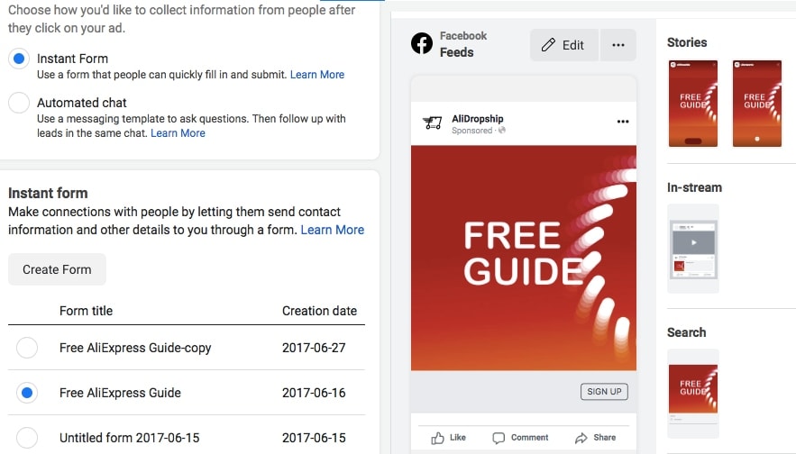 Screenshot of Facebook Ads Manager where the user creates an Instant Form