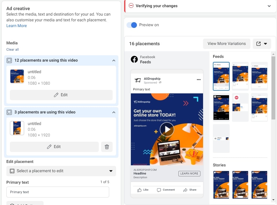 Screenshot of a slideshow being created in Facebook Ads Manager