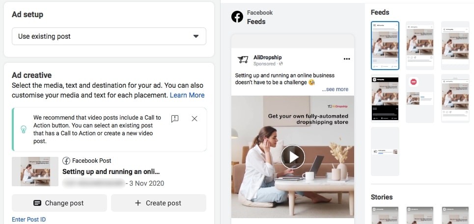 Creating a Facebook ad by using an existing post from your page