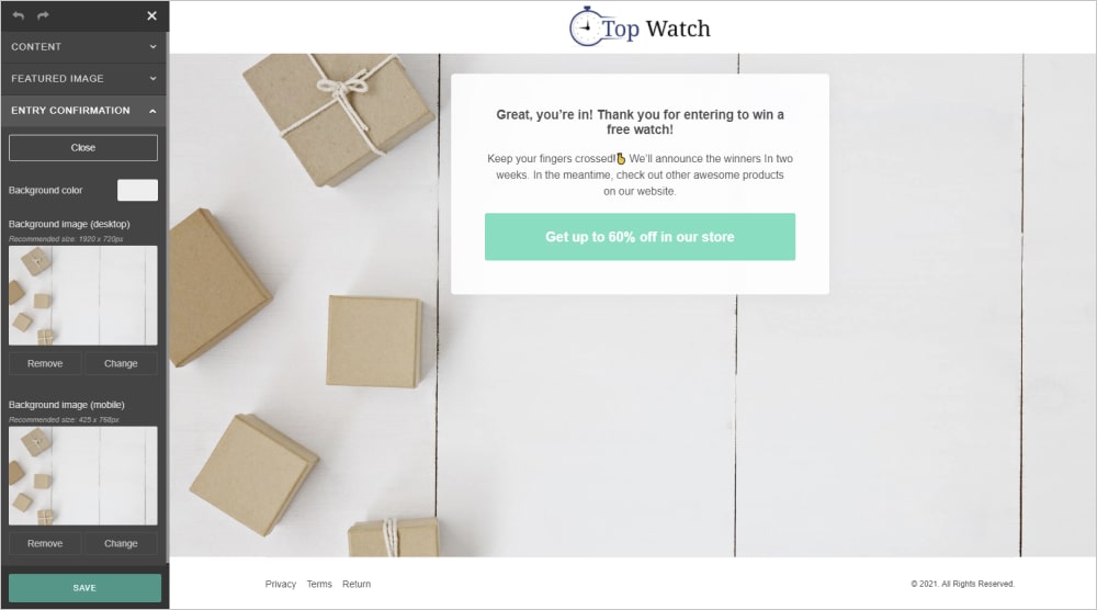 an image demonstrating a contest template entry confirmation