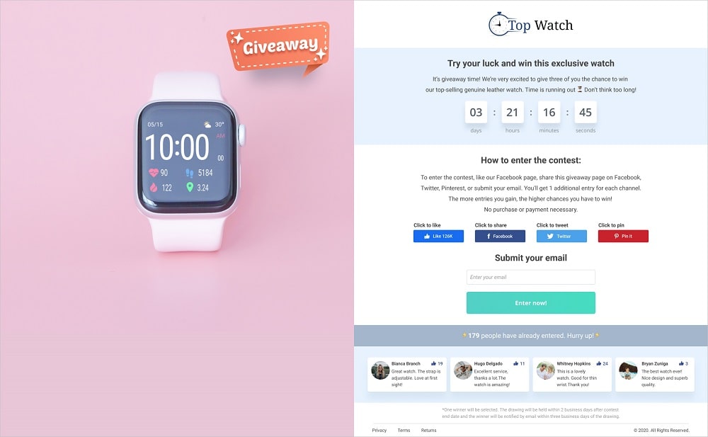 a picture showing an example of a landing page online contest software suggests