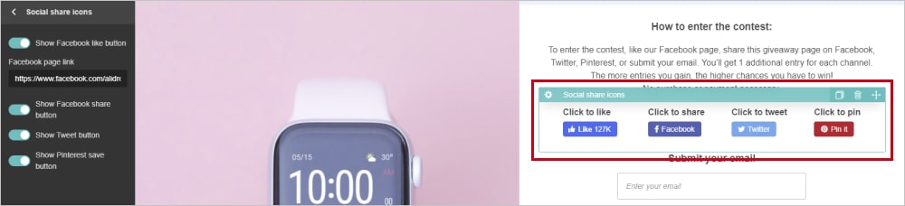 a picture showing a social share block at a contest template