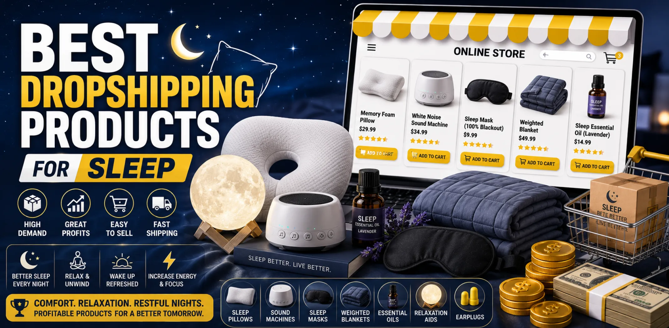 Featured image for an article about the best dropshipping products for sleep