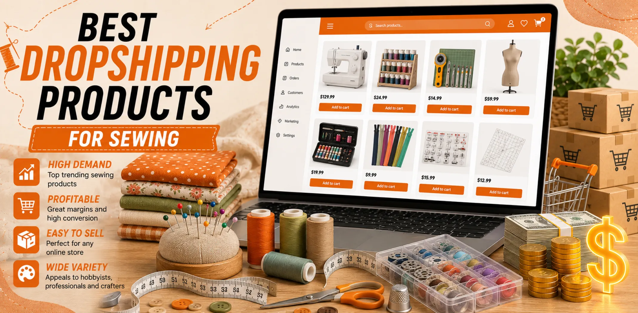 Featured image for an article about the best dropshipping products for sewing