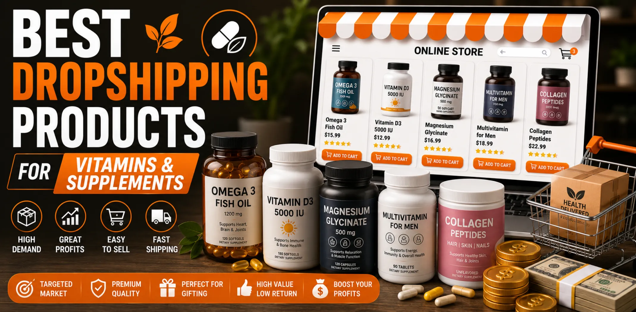Featured image for an article about the best dropshipping products for vitamins and supplements