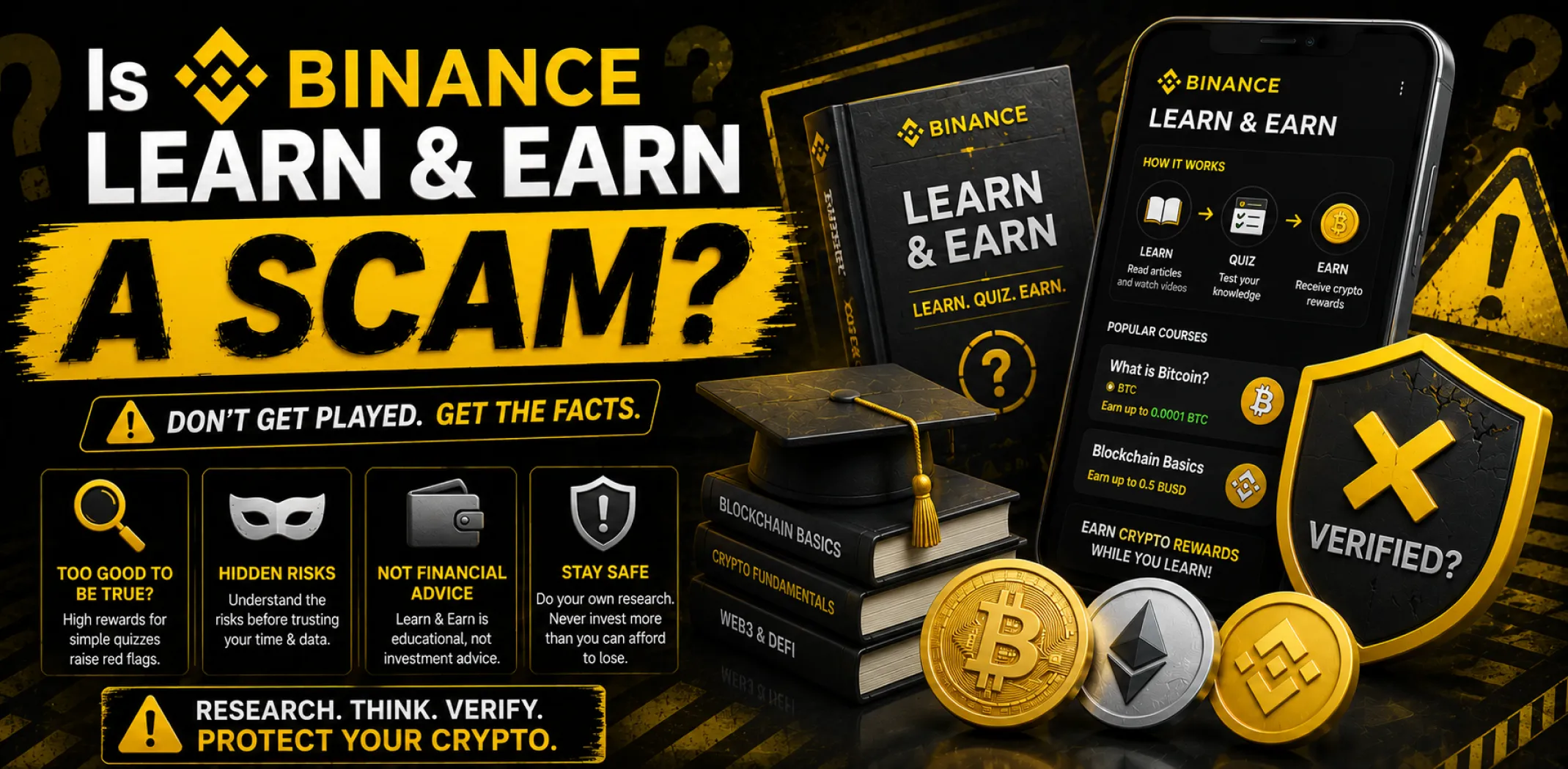Featured image for an article answering the question "Is Binance Learn & Earn a scam?"