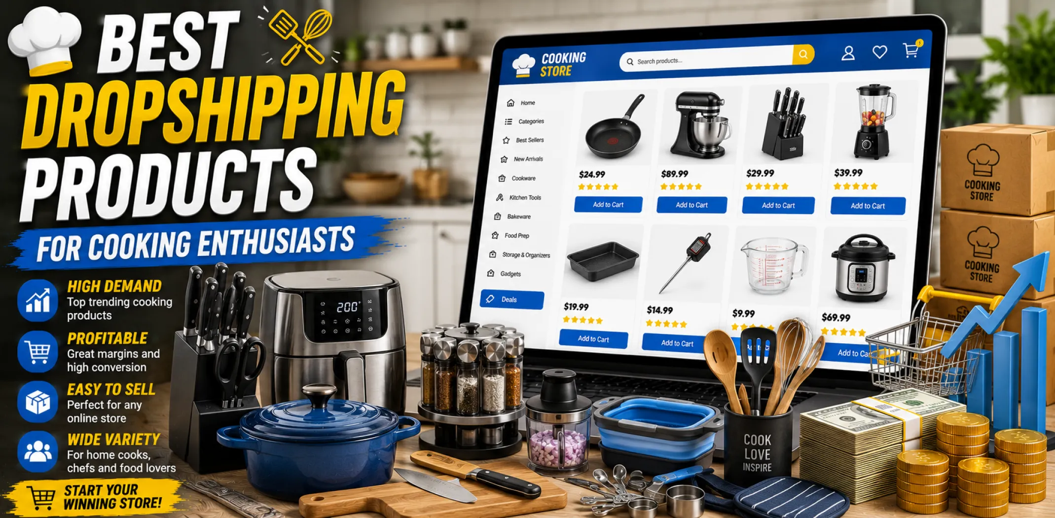 Featured image for an article about the best dropshipping products for cooking enthusiasts
