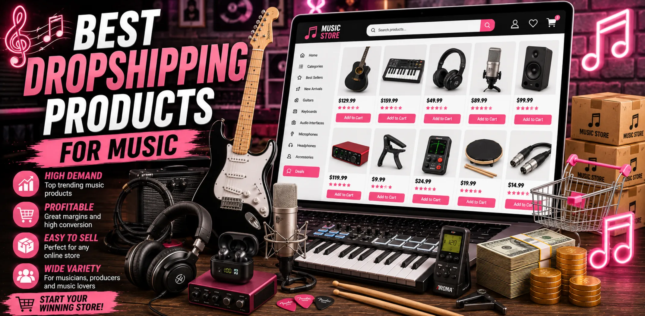 Featured image for an article about the best dropshipping products for music