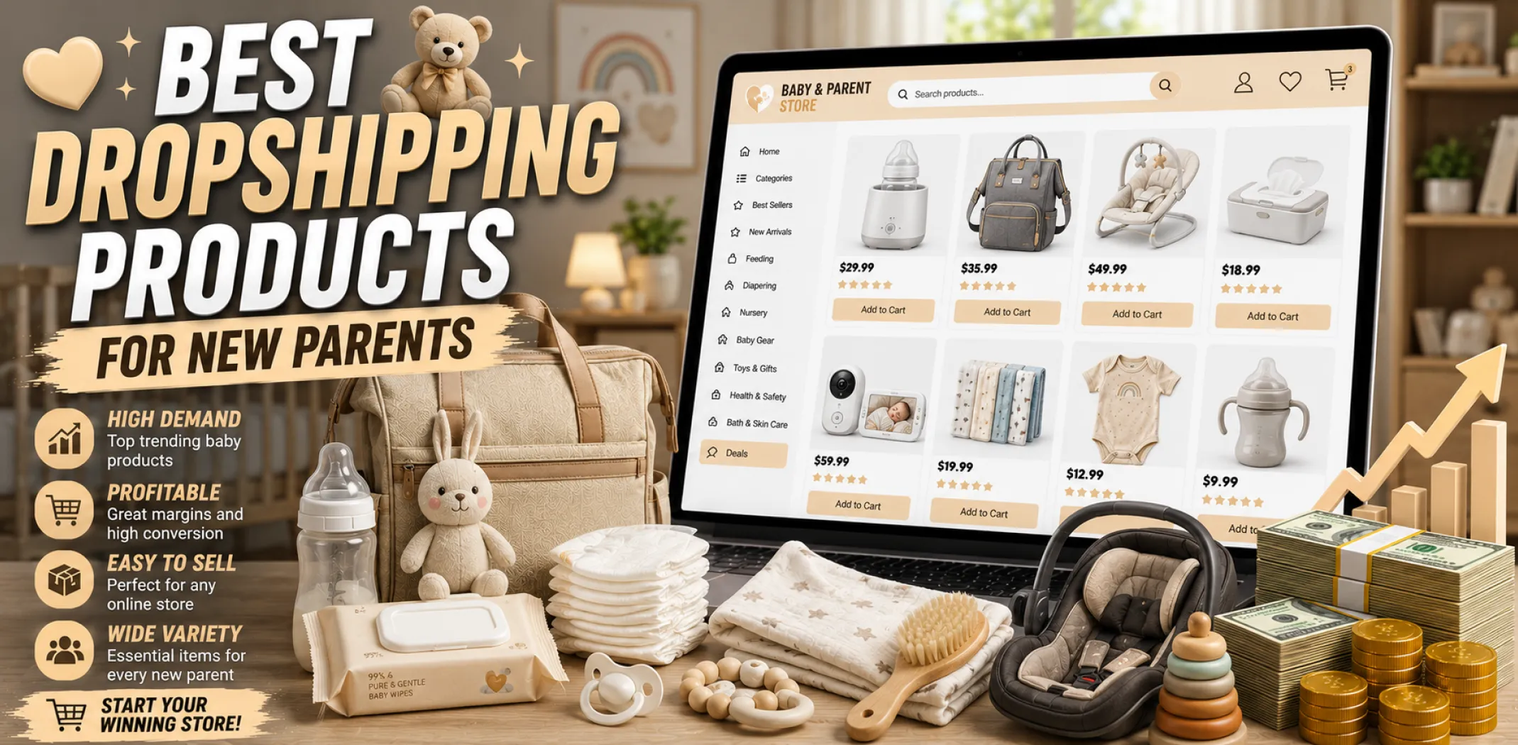 Featured image for an article about the best dropshipping products for new parents