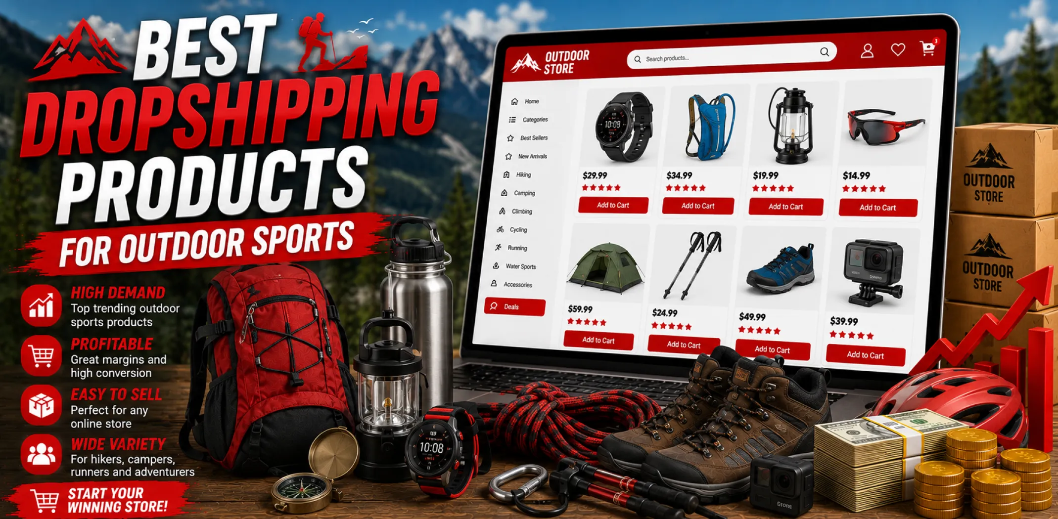 Featured image for an article about the best dropshipping products for outdoor sports