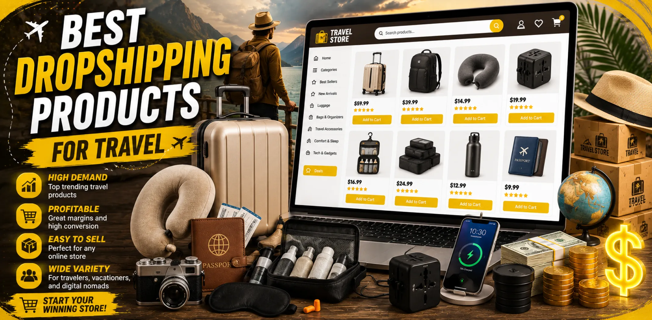 Featured image for an article about the best dropshipping products for travel