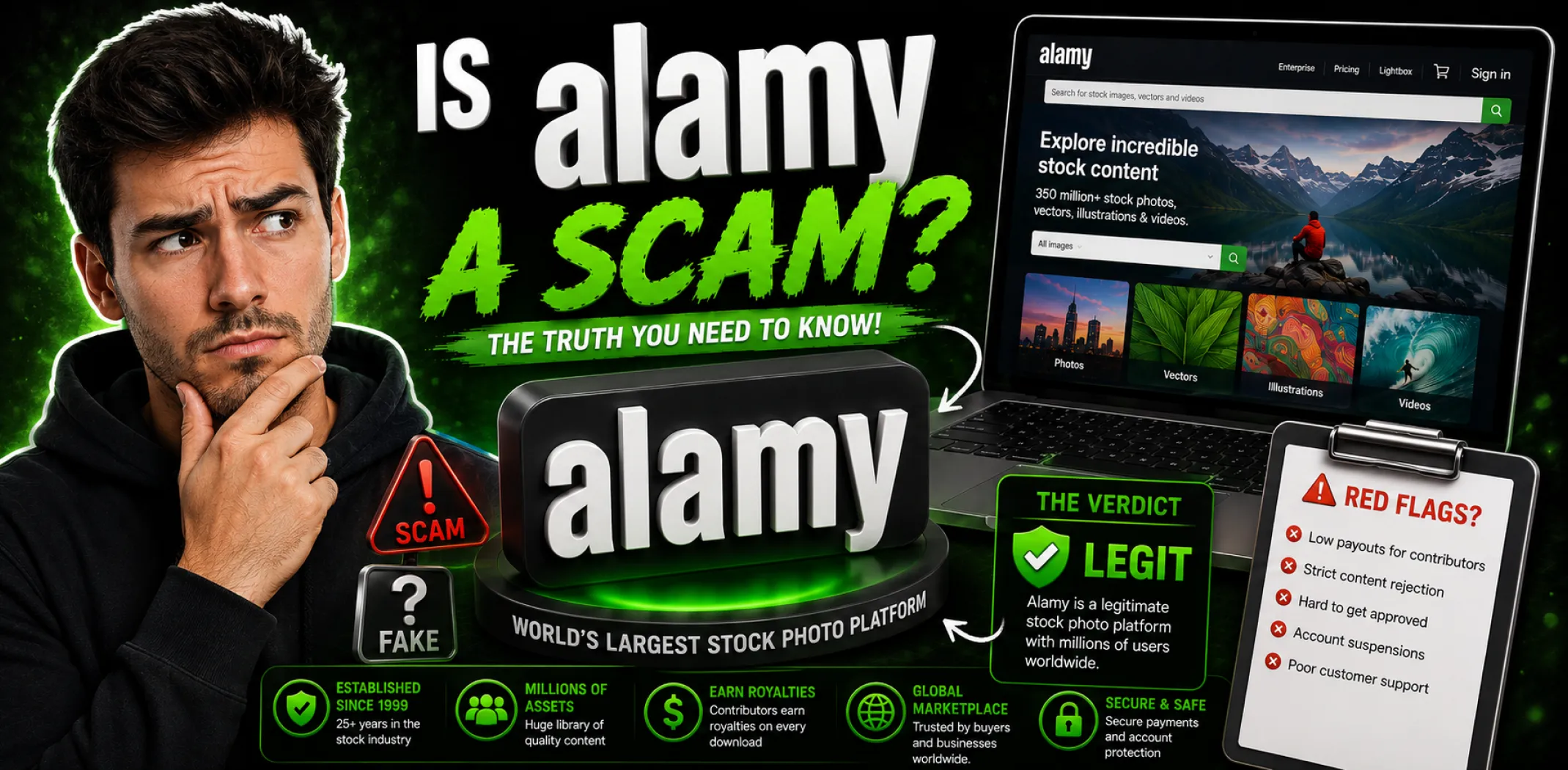 Featured image for an article answering the question "Is Alamy a scam?"