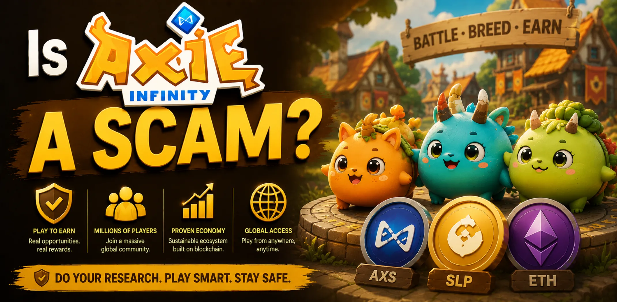 Featured image for an article answering the question "Is Axie Infinity a scam?"