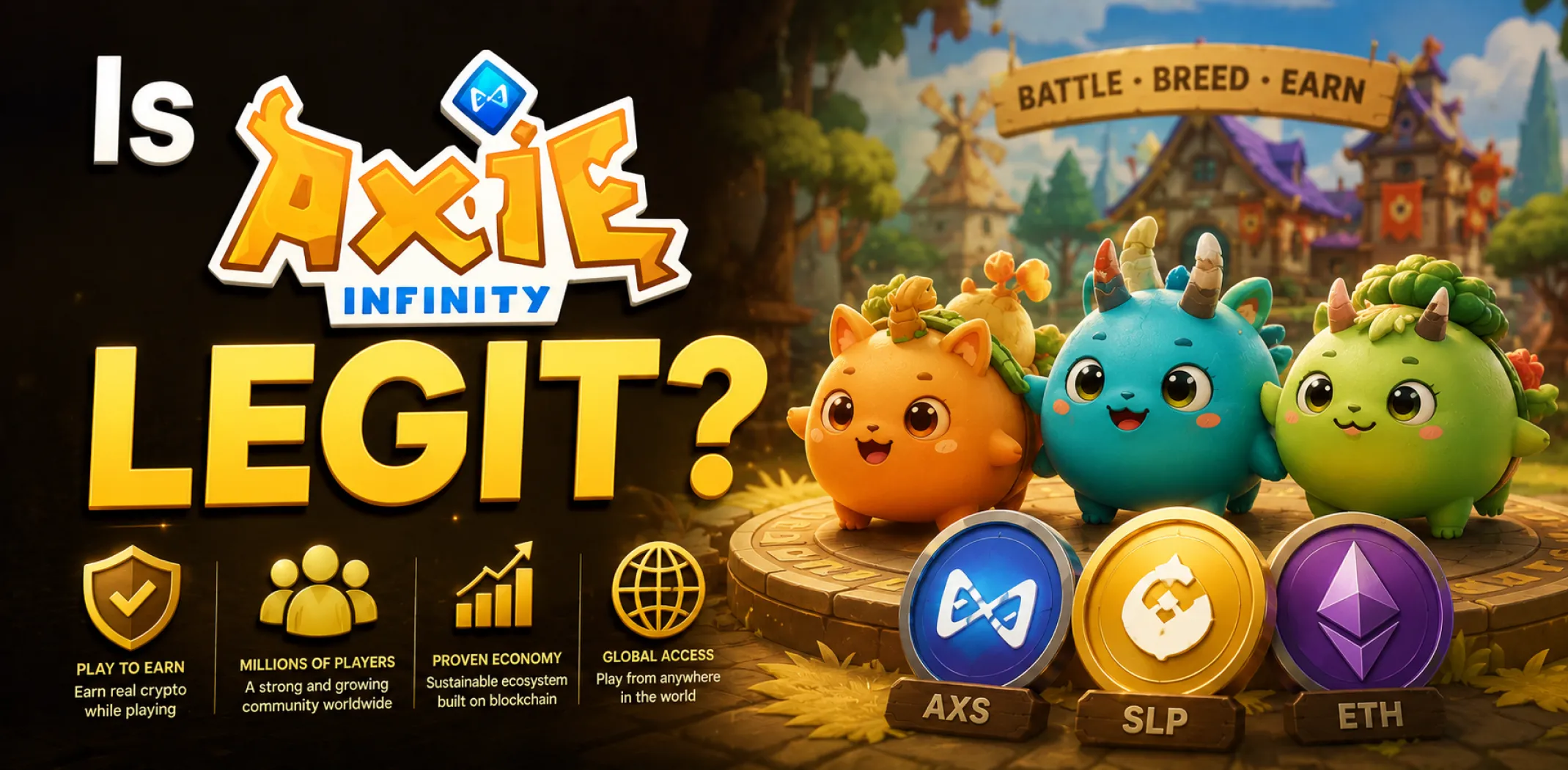 Featured image for an article answering the question "Is Axie Infinity legit?"