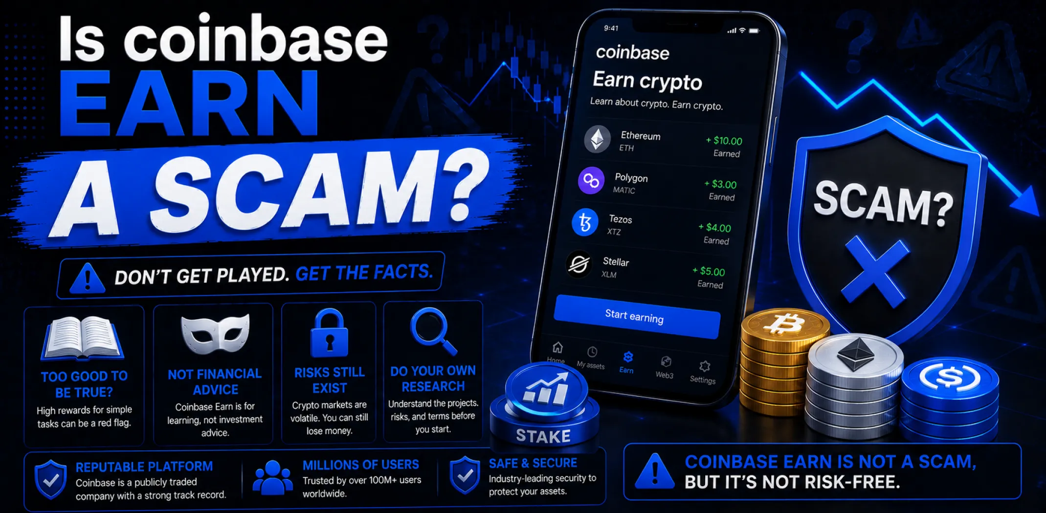 Featured image for an article answering the question "Is Coinbase Earn a scam?"