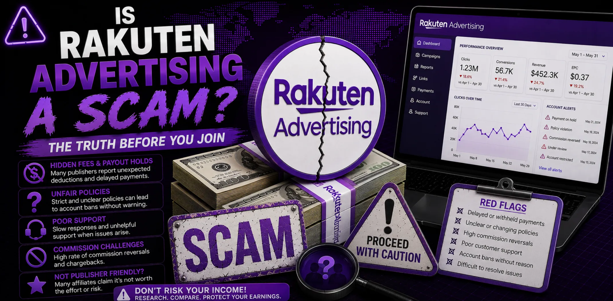 Featured image for an article answering the question "Is Rakuten Advertising a scam?"