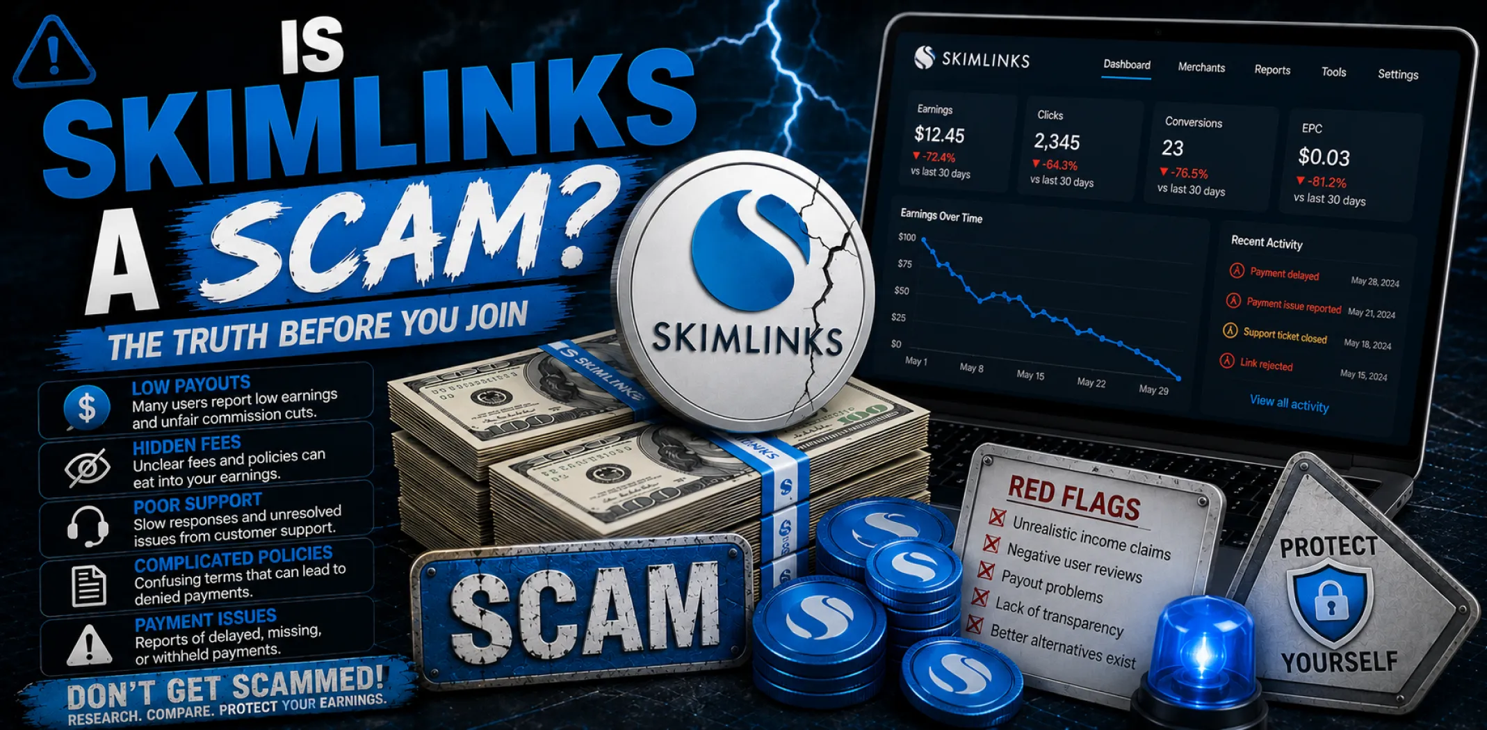 Featured image for an article answering the question "Is Skimlinks a scam?"