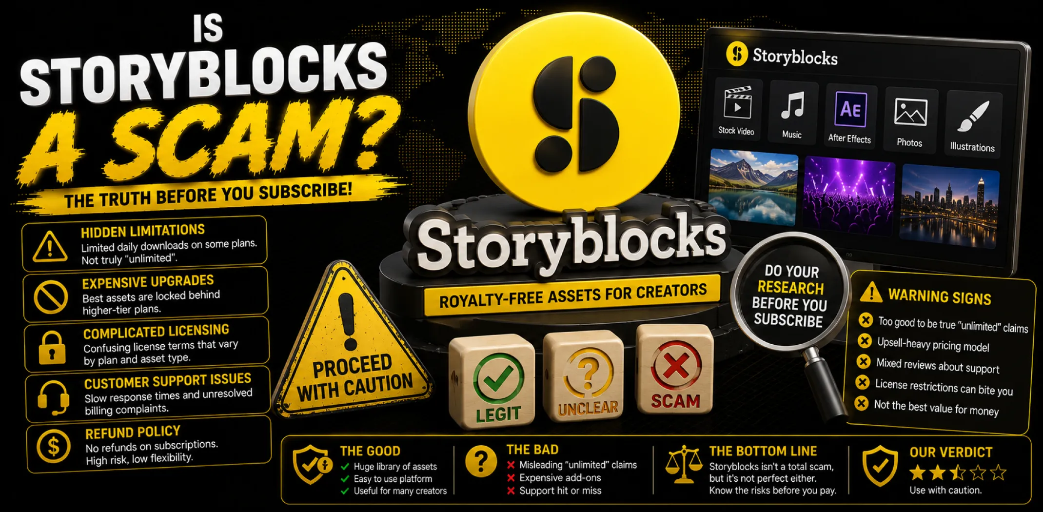 Featured image for an article answering the question "Is Storyblocks a scam?"
