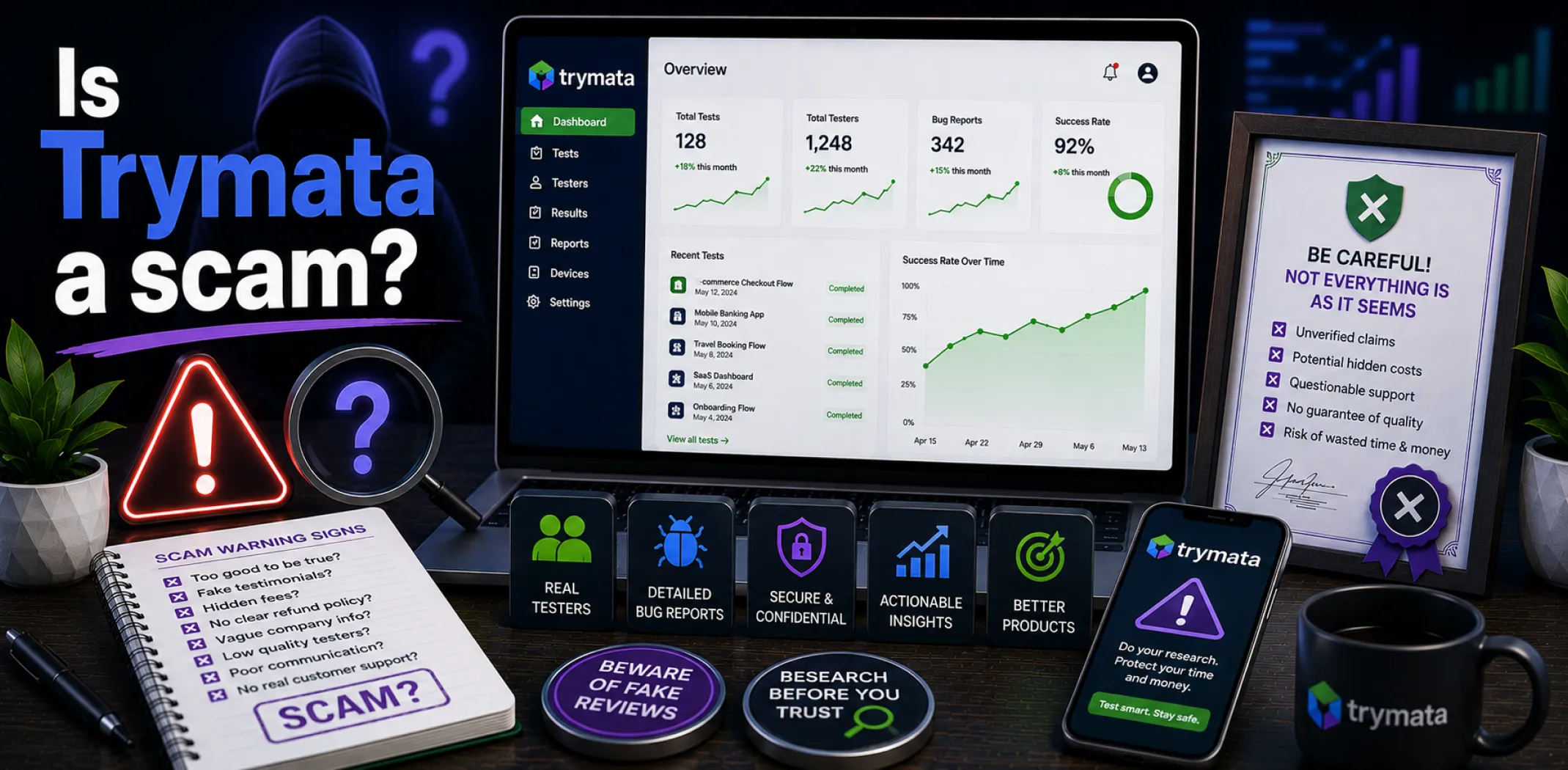 Featured image for an article answering the question "Is Trymata a scam?"