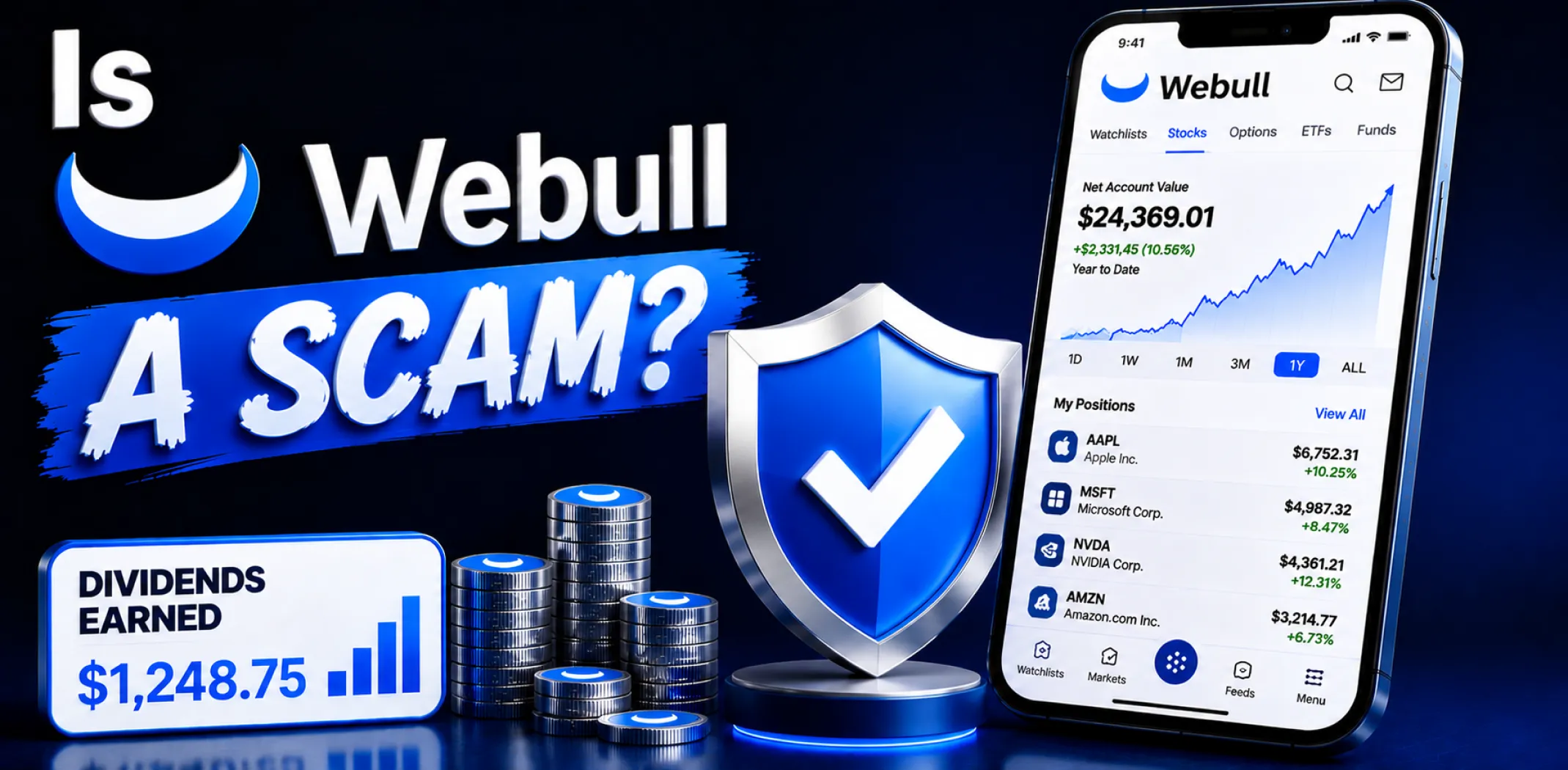 Featured image for an article answering the question "Is Webull a scam?"