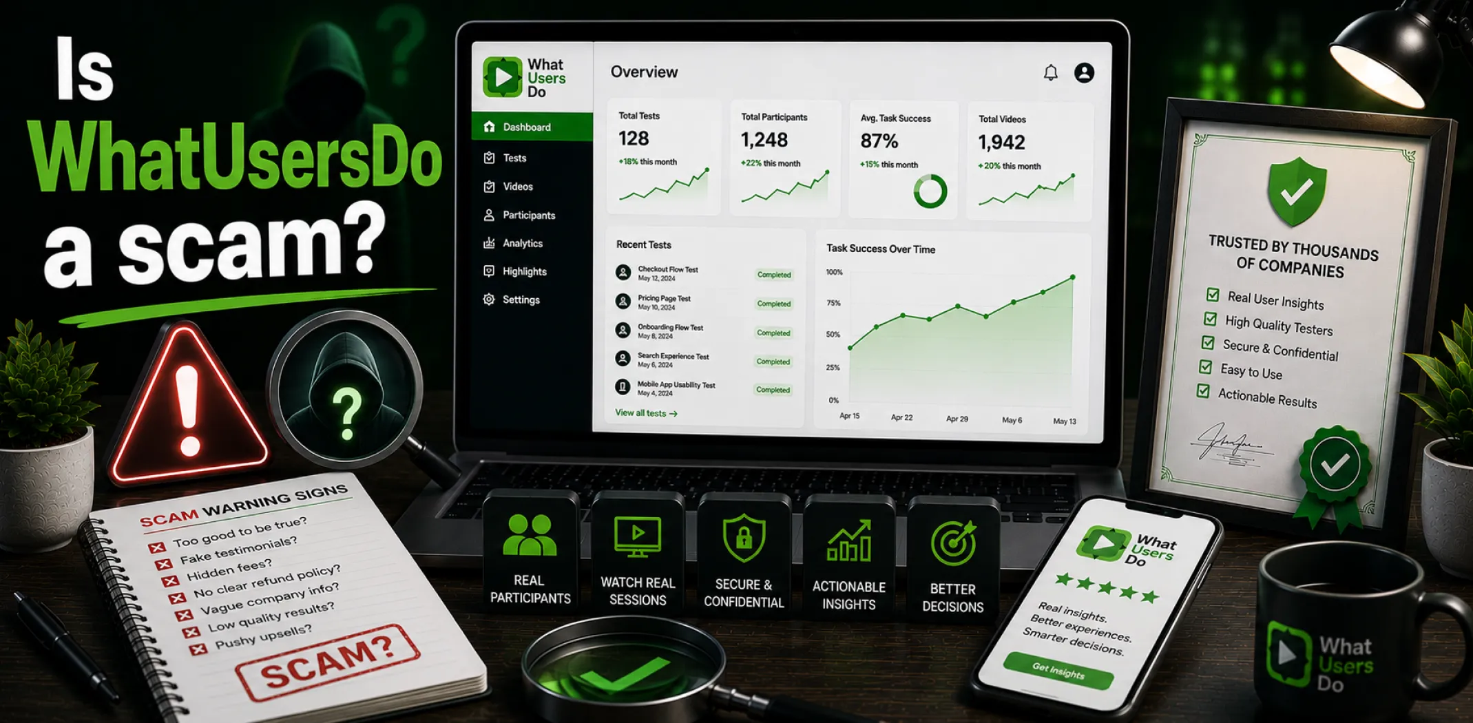 Featured image for an article answering the question "Is WhatUsersDo a scam?"