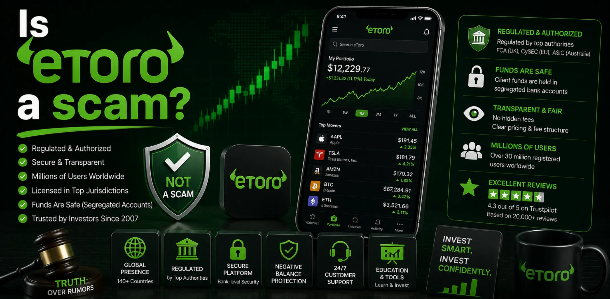Featured image for an article answering the question "Is eToro a scam?"